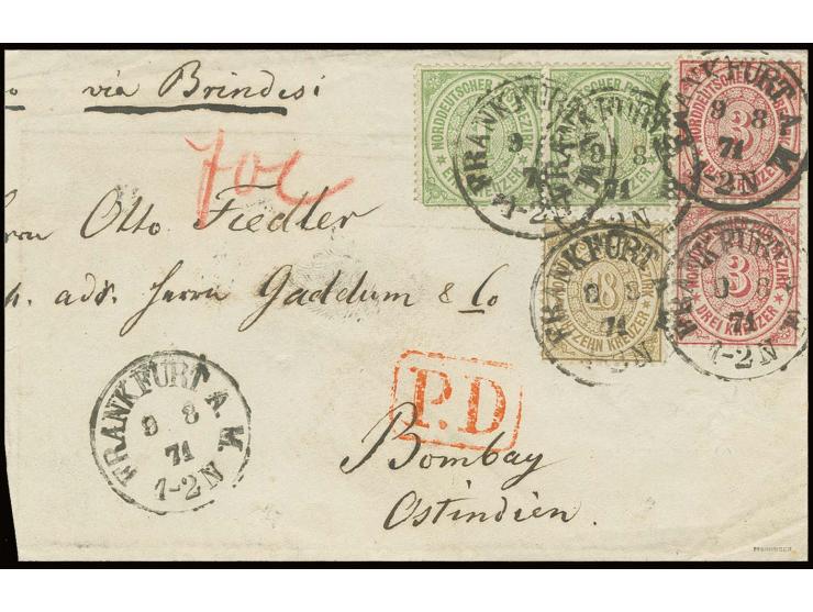 18 Kr. olivbraun mit 1 Kr. grün und 3 Kr. karmin jeweils im Paar (ein Wert 1 Kr. eckrund), gestempelt 'FRANKFURT A.M. 9.8.71'