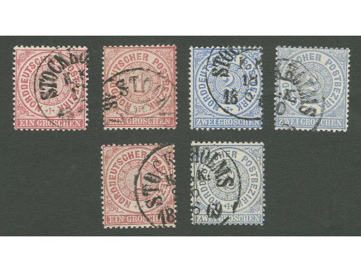 STEMPEL: "STOCKHOLMS...1869", schwedischer Landungsstempel, klare Abschläge auf jeweils 3 Werten 1 und 2 Gr., Pracht