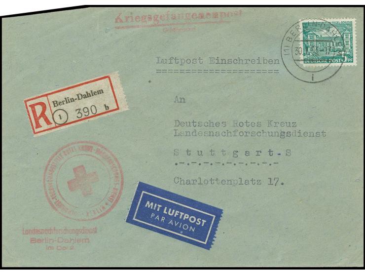 5 Pfg. für die Luftpostgebühr auf sonst portofreiem Einschreiben-KGF-Brief von "BERLIN-DAHLEM 30.1.53" nach Stuttgart mit Ank