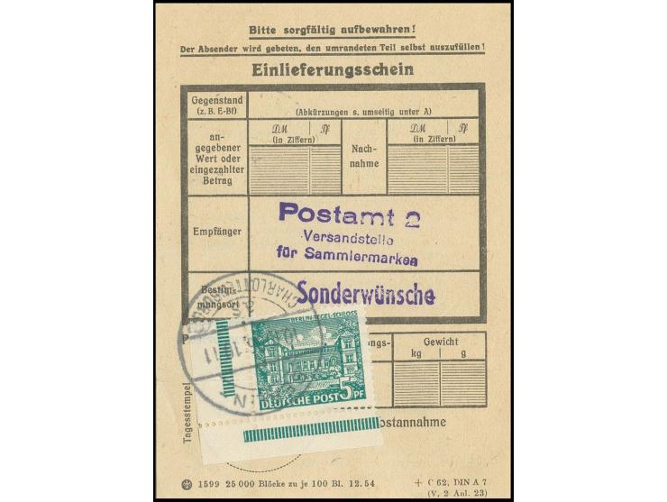 5 Pfg. aus der linken unteren Bogenecke als Gebühr für einen Sonderwunsch bei der Versandstelle als Quittung auf Posteinliefe