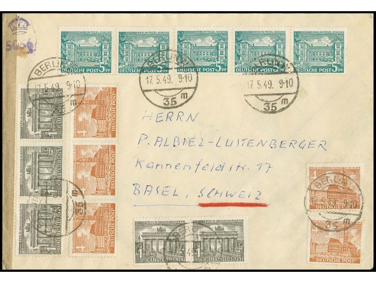 5 Pfg., 4 Pfg. und 1 Pfg., jeweils 5 Stück als portogerechte Frankatur auf Brief von "BERLIN W 35 17.5.49" mit engl. Zensurve