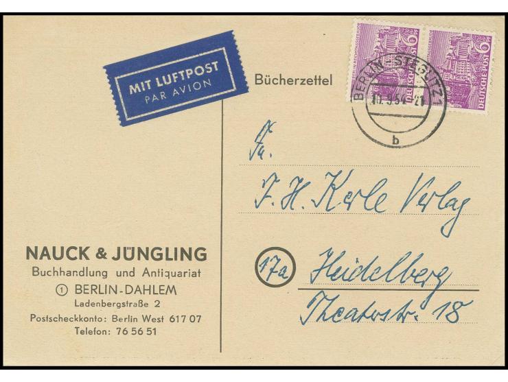 6 Pfg. im senkrechten Paar als portogerechte Mehrfachfrankatur auf Luftpost-Drucksachenkarte (Bücherzettel) von "BERLIN-STEGL