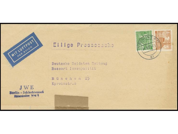 10 Pfg. und 4 Pfg. als portogerechte Frankatur auf Luftpost-Zeitungsdrucksachen-Streifband bis 40 gr. von "BERLIN SW 11 24.9.