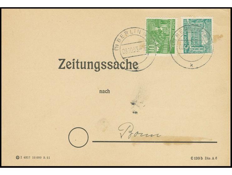 10 Pfg. und 5 Pfg. als portogerechte Gebühr auf ZEITUNGSSACHE von "BERLIN 8.10.53" nach Bonn für die Nachlieferung einer Zeit