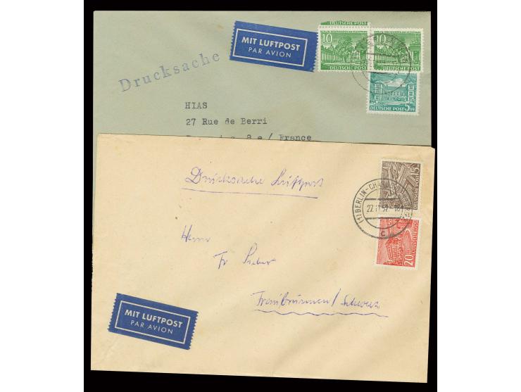 20 Pfg. und 15 Pfg. sowie 10 Pfg (2) und 5 Pfg. als portogerechte Frankaturen auf 2 Luftpost-Drucksachenumschläge von "BERLIN