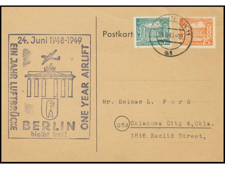25 Pfg. und 5 Pfg. als portogerechte Frankatur auf Postkarte von "BERLIN SW 11 24.6.49" mit Text und Cachet-Stempel "Ein Jahr