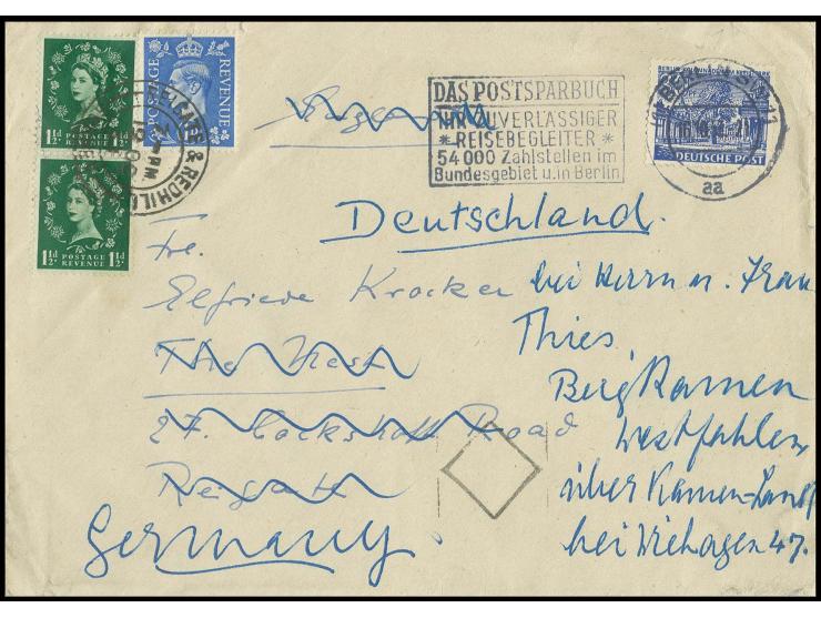 30 Pfg. als portogerechte Einzelfrankatur auf Brief von "BERLIN SW 11 16.10.52" nach Reigate, England, mit neuer brit. Franka
