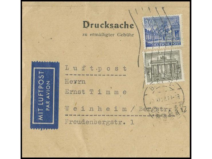 30 Pfg. und 1 Pfg. als portogerechte Frankatur auf Luftpost-Drucksachenstreifband zu ermäßigter Gebühr bis 100 gr. von "BERLI