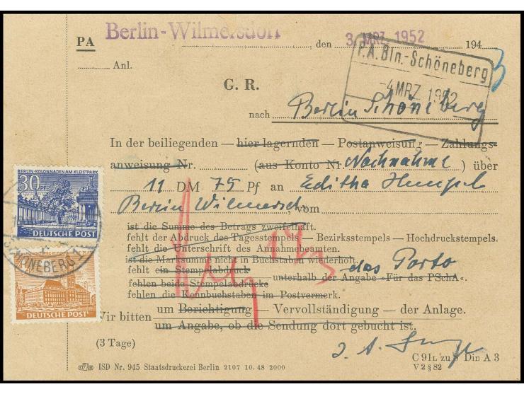 30 Pfg. und 4 Pfg. rückseitig auf Gebührenmeldung-Formular von "BERLIN-SCHÖNEBERG 10.3.52" für eine unfrankierte Nachnahme-Dr