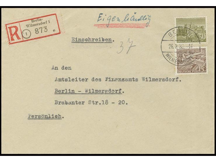 50 Pfg. und 15 Pfg. als portogerechte Frankatur auf Einschreibe-Eigenhändig-Brief von "BERLIN-WILMERSDORF 26.2.52" nach Wilme