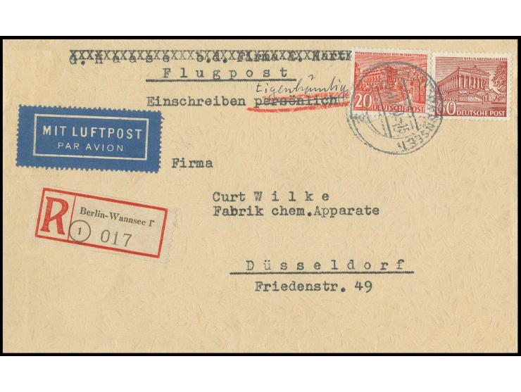 60 Pfg. und 20 Pfg. als portogerechte Frankatur auf Einschreibe-Eigenhändig-Luftpostbrief von "BERLIN-WANNSEE 4.12.50" nach D