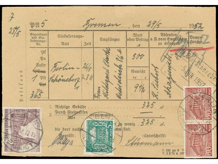 2 M., 60 Pfg. (2) und 5 Pfg. rückseitig auf Gebührenmeldung-Formular von "BERLIN-SCHÖNEBERG 6.6.53" für ein unfreies Wertpake