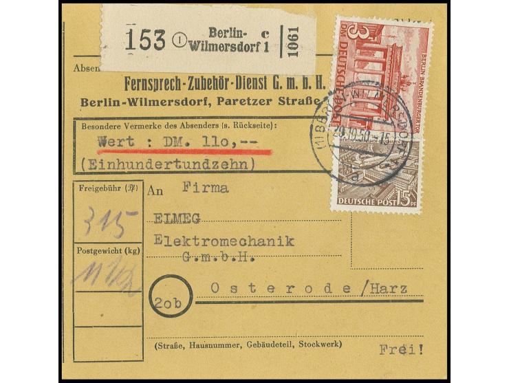 3 M. und 15 Pfg. als portogerechte Frankatur auf Wert-Paketkarte von "BERLIN-WILMERSDORF 20.10.50" nach Osterode in sehr gute