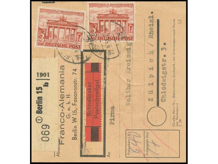 3 M. (2) und 40 Pfg. (rückseitig) als portogerechte Frankatur auf Schnellpaket/Postschnellgut-Paketkarte von "BERLIN W 15 22.