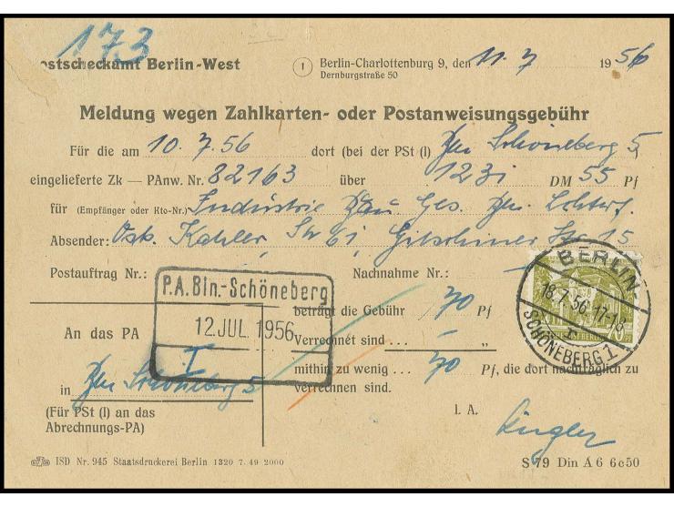 70 Pfg. mit Stempel "BERLIN-SCHÖNEBERG 18.7.56" auf seltener Gebührenmeldung des Postscheckamtes "Meldung wegen Zahlkarten- o