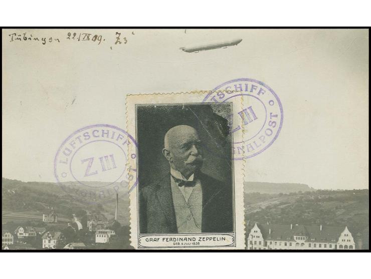 1909, Fotokarte des LZ 6 auf seiner 19. Fahrt am 22.9.09  über Tübingen (Rückfahrt von der ILA nach Manzell) mit aufgeklebter