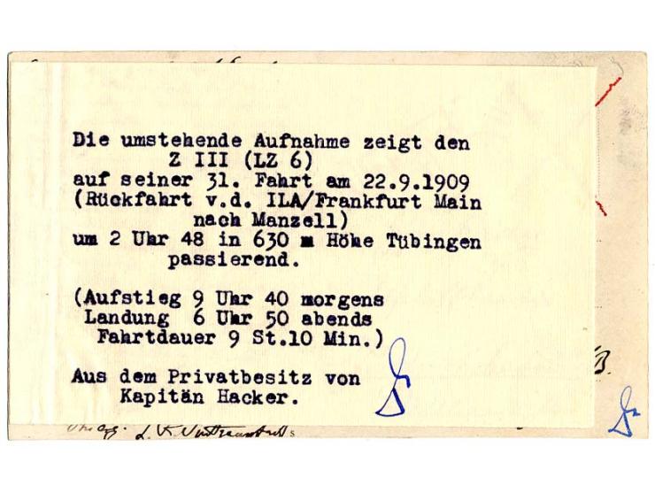 1909, Fotokarte des LZ 6 auf seiner 19. Fahrt am 22.9.09  über Tübingen (Rückfahrt von der ILA nach Manzell) mit aufgeklebter