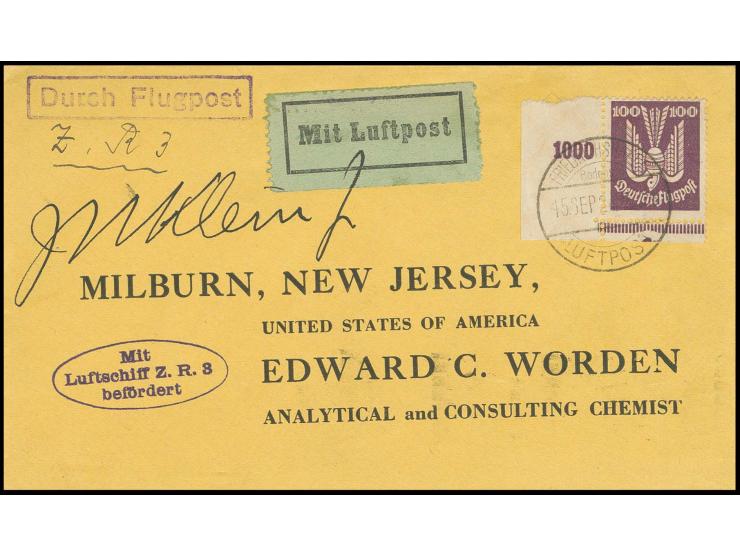 1. Amerikafahrt, Brief mit linkem unterem Eckrandstück Holztaube 100 Pfg. mit vorderseitiger Signatur "J. H. Klein jr." (US-I
