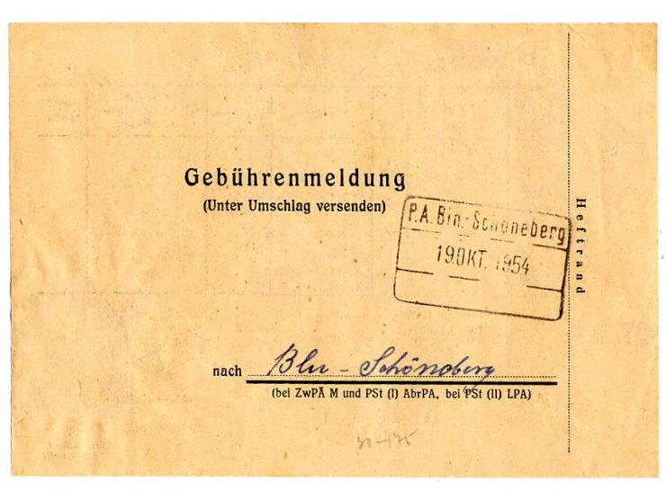 1954, 10. Jahrestag des Attentats auf Adolf Hitler 20 Pfg. auf Gebührenmeldung-Formblatt von "BERLIN-SCHÖNEBERG 19.10.54" für