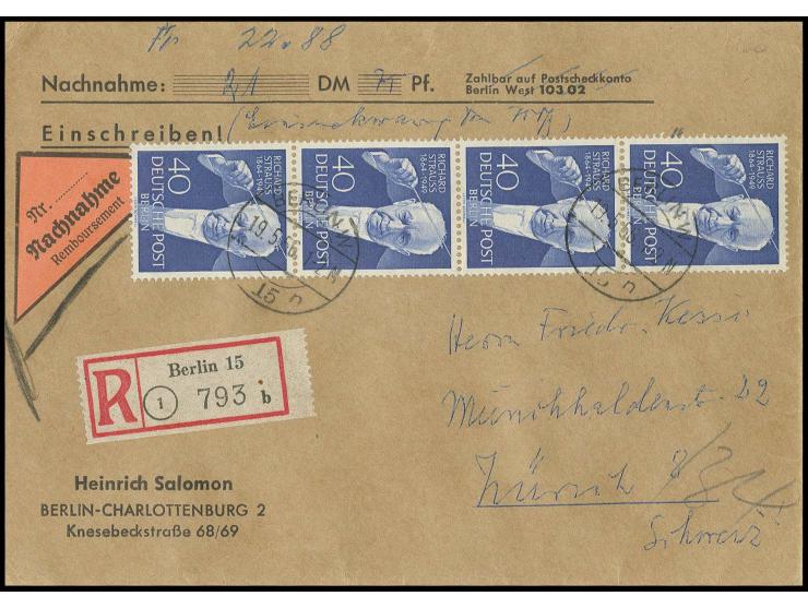 Richard Strauss 40 Pfg. im senkrechten 4er-Streifen als portogerechte Mehrfachfrankatur auf Einschreibe-Nachnahme-Brief von "