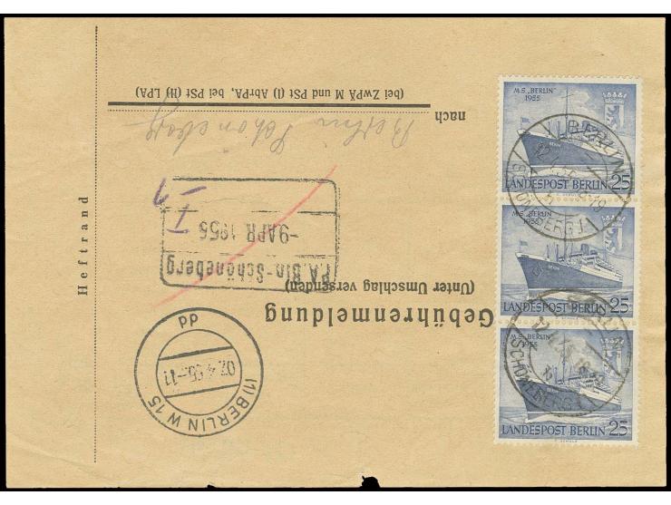 1955, Motorschiff Berlin 25 Pfg., senkrechter 3er-Streifen auf Gebührenmeldung-Formular von "BERLIN-SCHÖNEBERG 1 12.4.55" für