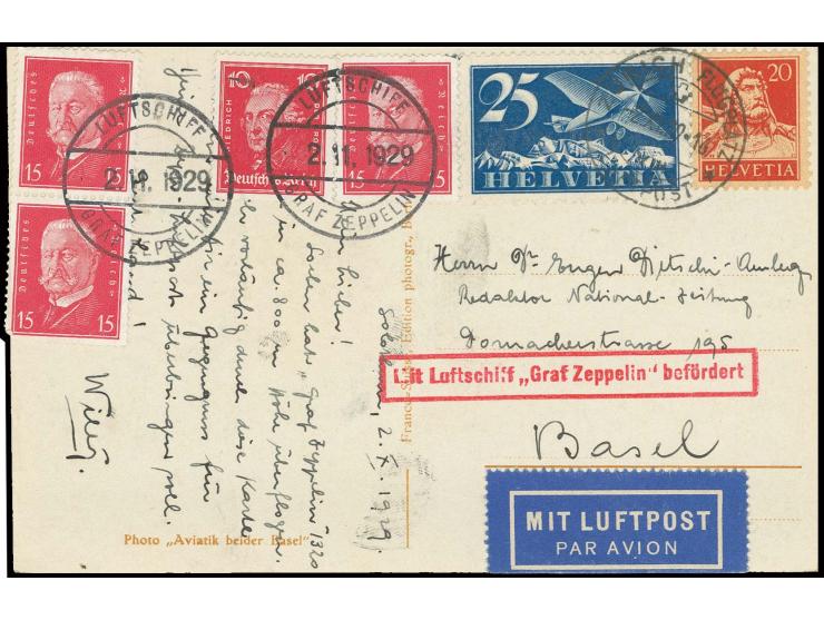 Passagier-Bordpost-Fotokarte (ein Wert der Frankatur leicht über Rand geklebt) mit Schweiz-Zusatzfrankatur nach Basel