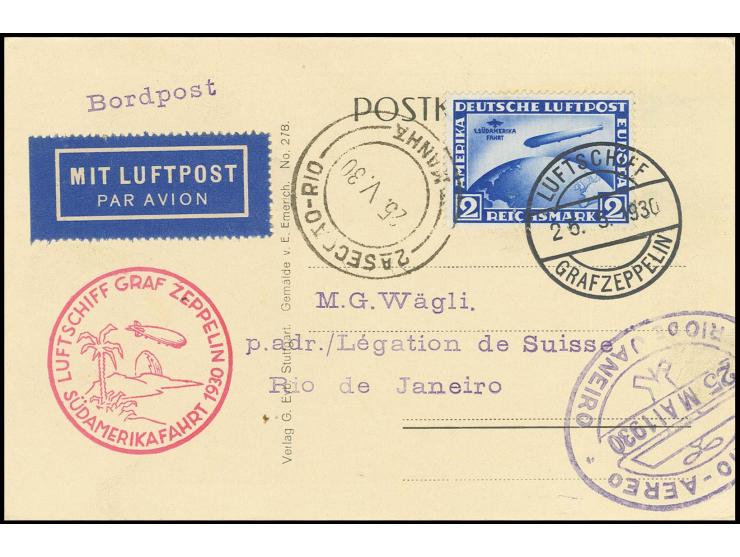 Zeppelin-Porträtkarte mit Südamerikafahrt 2 M. und Bordpoststempel vom 25.5. nach Rio, Kabinett
