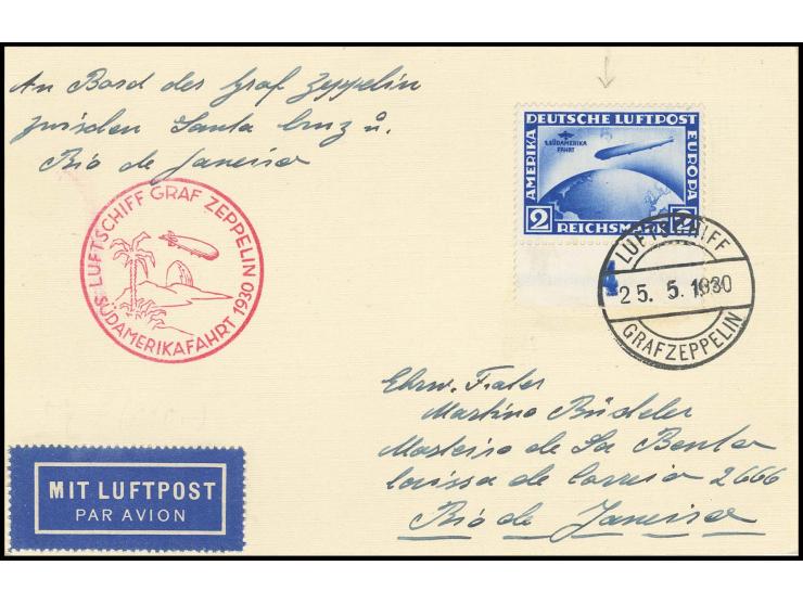 Karte nach Rio mit Unterrandstück 2 M. mit Plattenfehler "Mond über Luftschiff" und Bordpoststempel vom 25.5., Kabinett