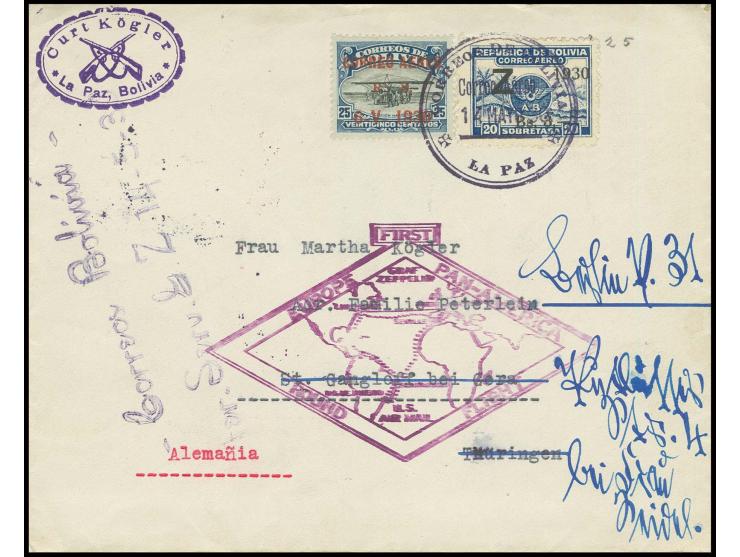 Bolivianische Post: Brief mit u.a. Zeppelin 3 Bs. nach Deutschland, Pracht