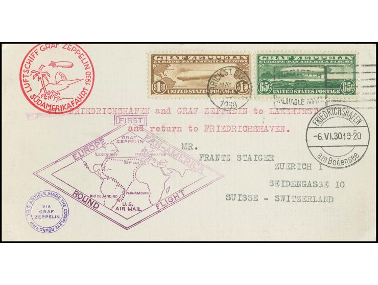 Karte mit Zeppelin 1,30 $ und 65 C. sowie zusätzlichem "Round Flight"-Stempel in die Schweiz, Kabinett