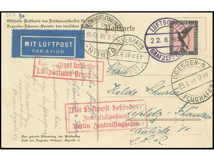 dito, Eckener-Porträtkarte mit Ankunftsstempel "KOPENHAGEN 22.6.30" sowie "BERLIN-ZENTRALFLUGHAFEN 23.6.30" und "DRESDEN FLUG