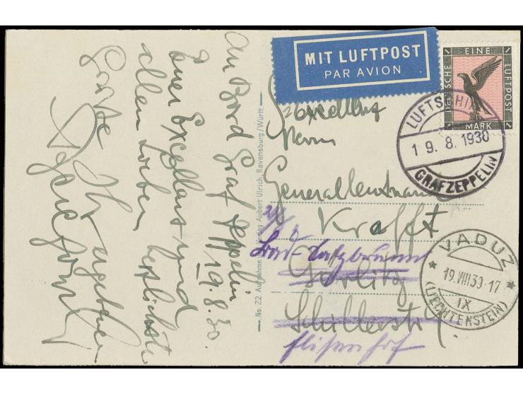 Schweiz- und Vaduzfahrt, Foto-Bordpostkarte, geschrieben von Berezowski, dem Herausgeber des Luftpost-Handbuchs, Kabinett