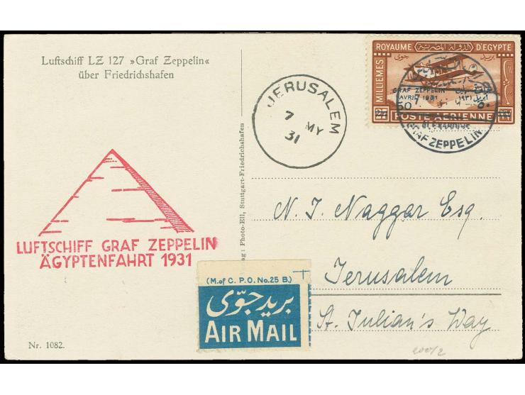 Ägyptische Post: Fotokarte mit Zeppelin 50 Mm. mit Sonderstempel von Alexandria nach Jerusalem mit vorderseitigem Ankunftsste