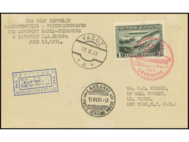 Karte mit 1 Fr. mit vorgesehener anschließender Beförderung mit Katapultflug "Europa"-New York 18.6.31 mit Bestätigungsstempe