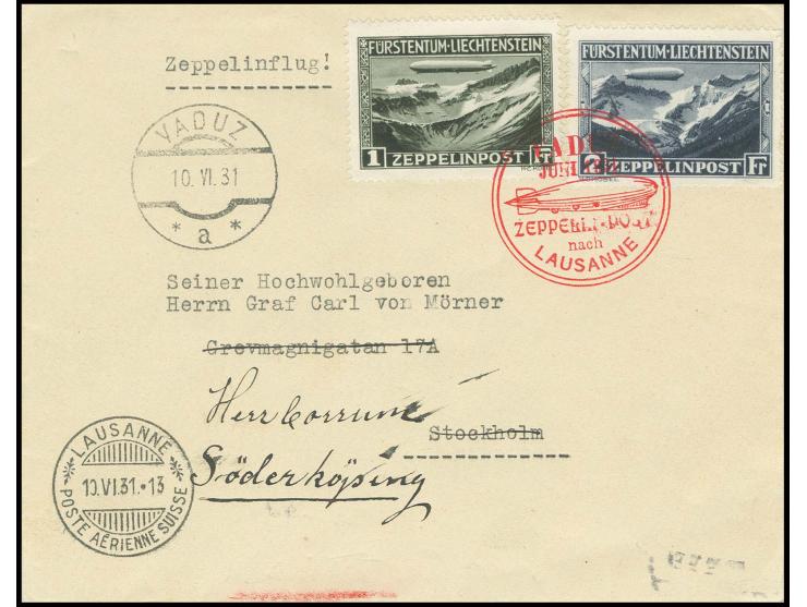 Brief mit Zeppelin 1 und 2 Fr. nach Schweden mit Ankunftsstempel, Kabinett
