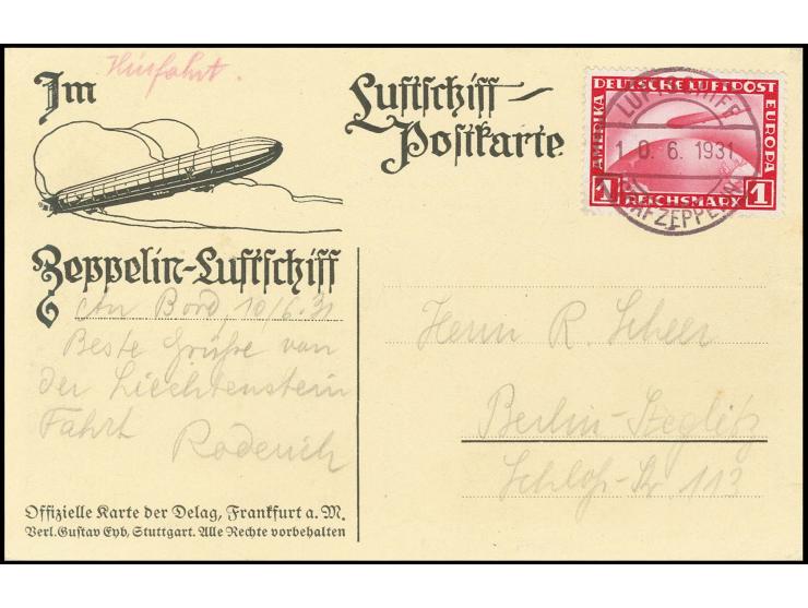 Deutsche Post: Passagier-Delag-Bordpostkarte mit Zeppelin 1 M. bis Friedrichshafen ohne Ankunftsstempel nach Berlin, Pracht