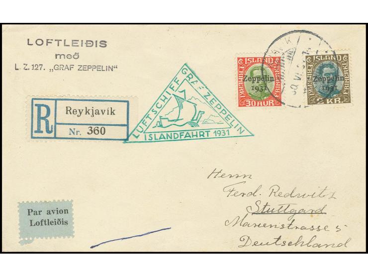 Islandfahrt, Isländische Post, R-Brief mit Zeppelin 2 Kr. und 30 A. nach Stuttgart, Pracht