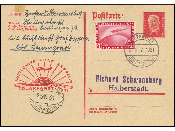 Karte (kurzer Einriß oben geschlossen) mit Zeppelin 1 M. ohne Aufdruck und Bordpoststempel vom 25.7. nach Leningrad