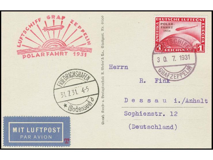 Rückfahrt, Abgabe Friedrichshafen: Bordpost-Fotokarte vom 30.7. mit Polarfahrt 1 M. nach Dessau, Kabinett