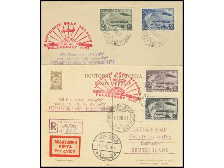 UdSSR-Post: R-Karte und -Brief mit den 4 geschnittenen Zeppelin-Marken, Aufgabe Malyguin nach Deutschland, Kabinett