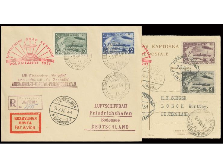 R-Brief und -Karte mit den 4 geschnittenen Zeppelin-Marken, Aufgabe Malyguin bzw. Leningrad nach Deutschland, Kabinett