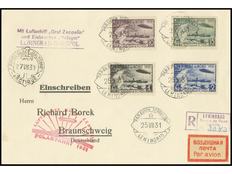 R-Brief mit komplettem Satz Zeppelinmarken geschnitten, gestempelt Leningrad nach Malyguin, Kabinett