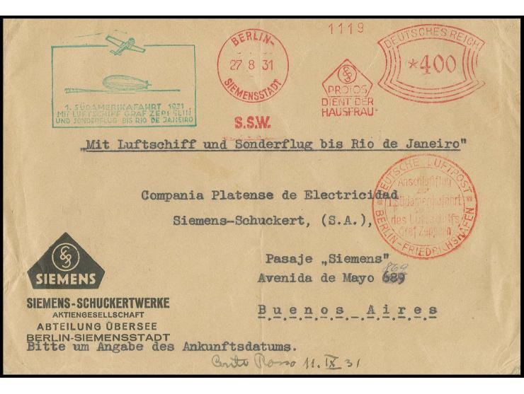 1. Südamerikafahrt, Firmenbrief Anschlußflug Berlin mit reiner Frankotyp-Entwertung bis Rio, adressiert nach Buenos Aires, se
