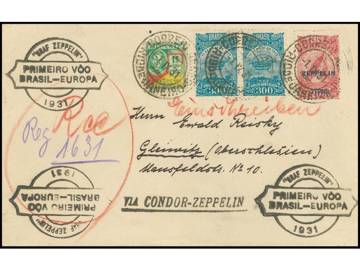 Brasilien-Post: R-Brief mit Zeppelin 2500 Rs. mit vorder- und rückseitig 6 Abschlägen des Bestätigungsstempels in schwarz nac