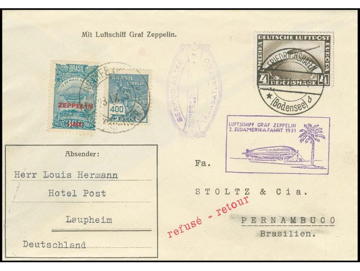 Brief der Hin- und Rückfahrt mit Zeppelin 4 M. und Brasilien-Frankatur, Kabinett