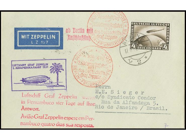 Brief Anschlußflug Berlin mit 2 Abschlägen des Anschlußflug-Stempels nach Rio mit Antwort-Werbestempel, Kabinett