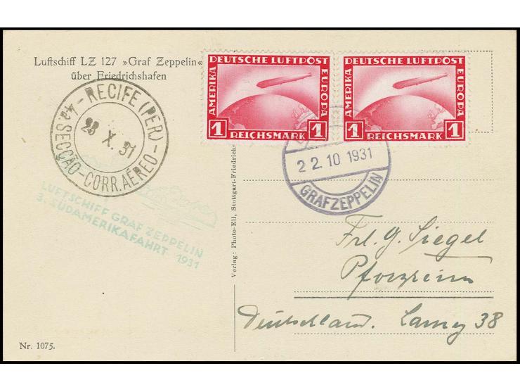 3. Südamerikafahrt, Bordpost-Fotokarte der Rundfahrt über Brasilien mit 2 Stück Zeppelin 1 M. und Bordpoststempel vom 22.10.,