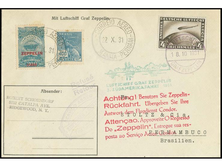 Brief der Hin- und Rückfahrt mit 4 M. Zeppelin und Brasilien-Zusatzfrankatur, davon 1 Wert gering zahnstockig