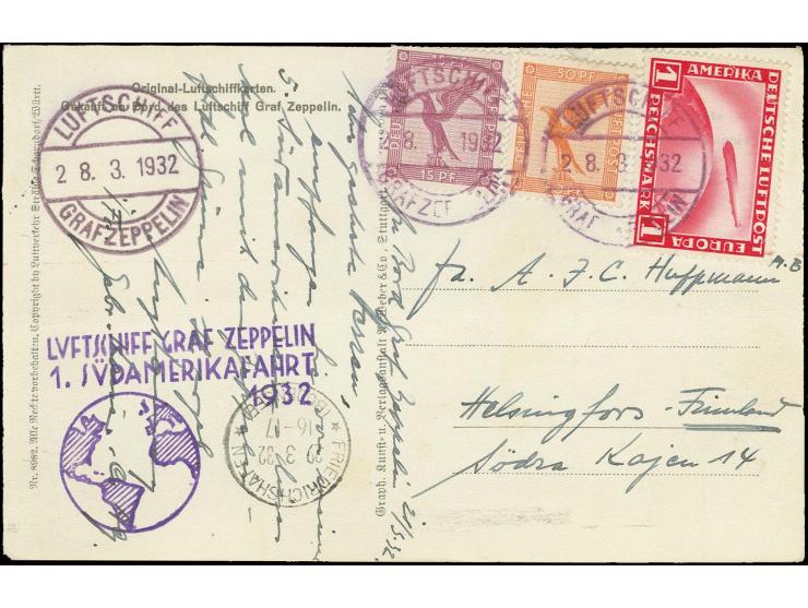 1932, 1. Südamerikafahrt, Bordpost-Fotokarte vom 28.3. mit u.a. Zeppelin 1 M., adressiert nach Finnland, kleine Mängel, jedoc