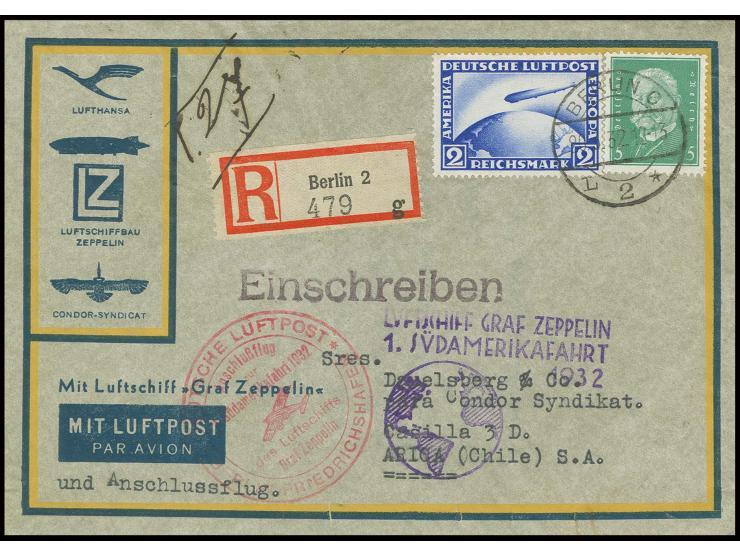 R-Brief Anschlußflug Berlin mit u.a. Zeppelin 2 M. nach Brasilien mit anschließendem Erstflug Chile-Bolivien mit rückseitig B